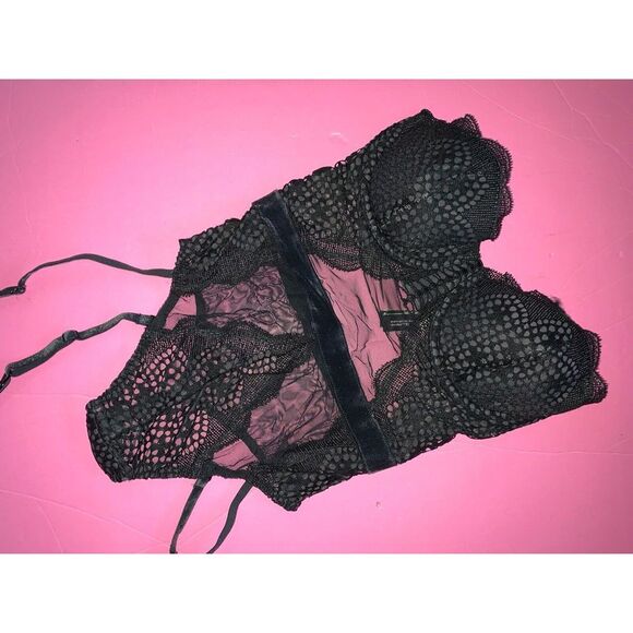 Victoria's Secret 32C BRA+CORSET bustier+TEDDY FISHNET velvet velour BLACK gray - Picture 9 of 12